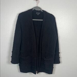 Barefoot Dreams Cozy Chic Boardwalk Cardigan Black long line fringe trim large